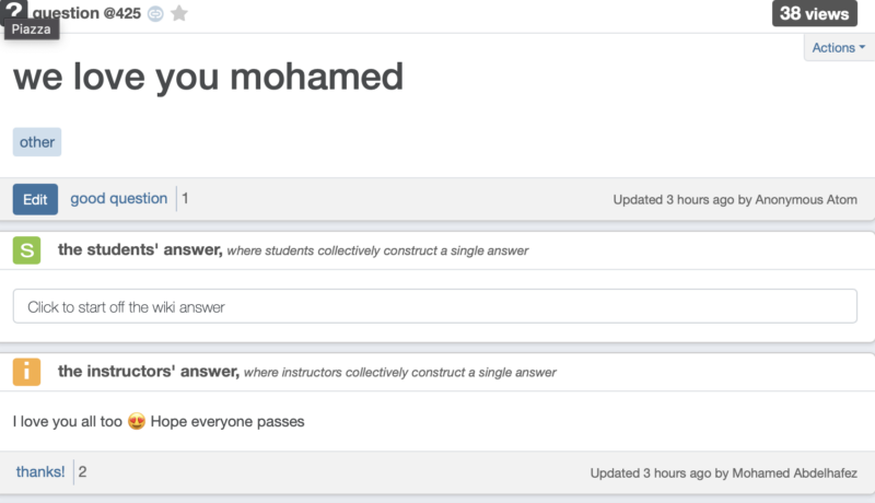 Online student-professor Q&A forum. A student posted he loved the professor and the professor responded saying he loves the students and hopes they pass.